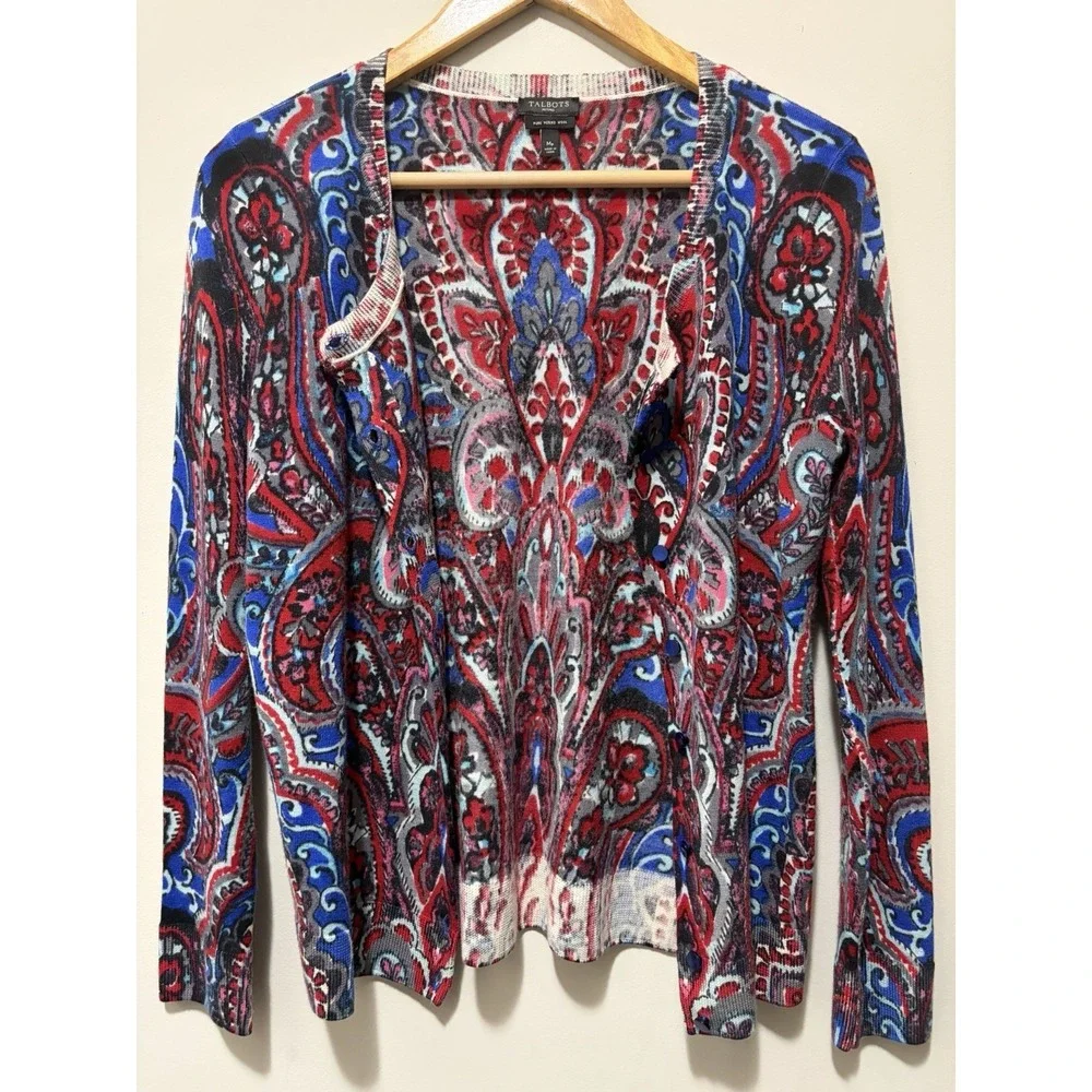 Talbots Petite Merino Wool Paisley Cardigan Sweater MP Boho Colorful